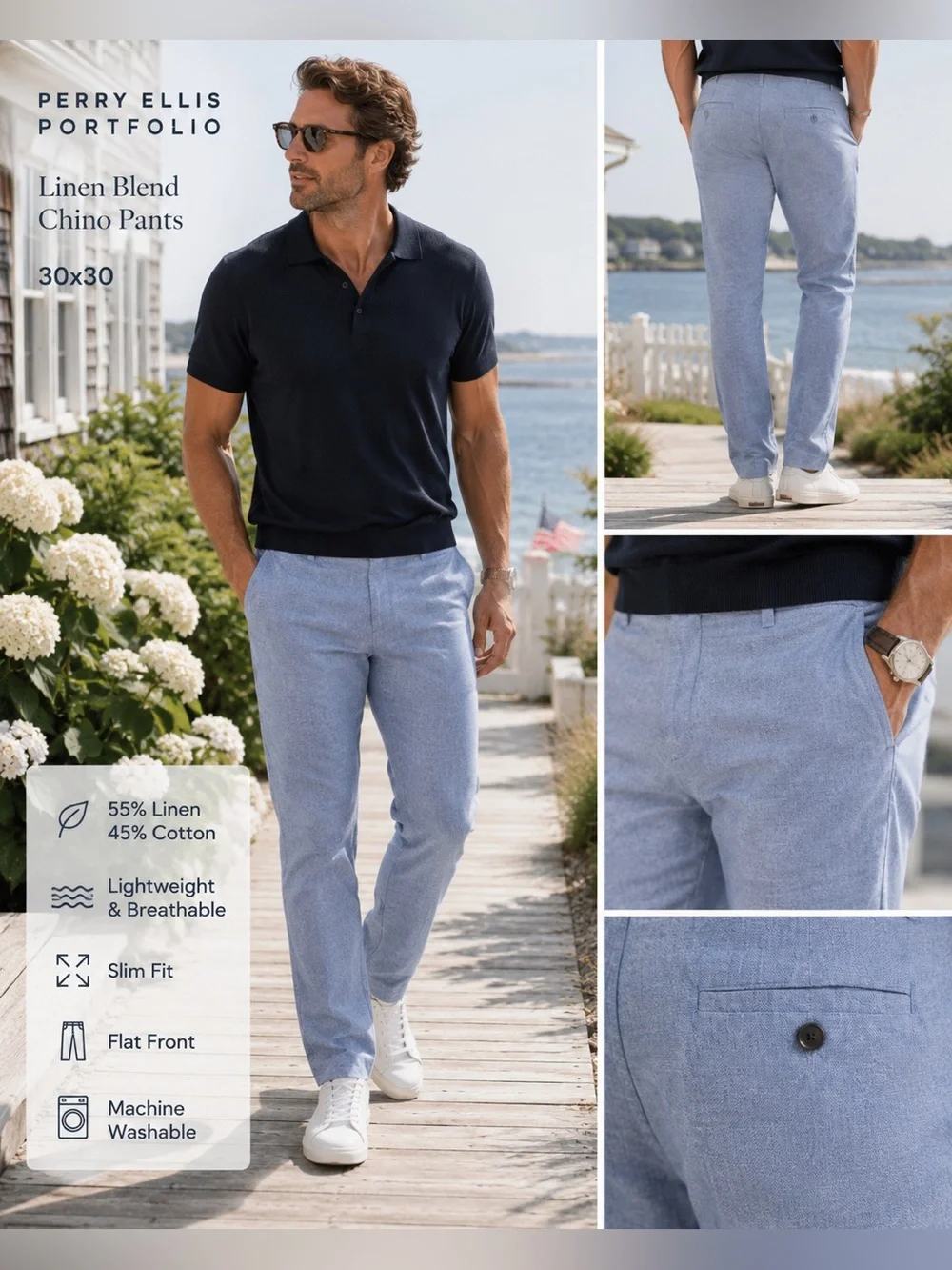 Perry Ellis Portfolio Slim Fit Linen Blend Chino Pants 30x30 Light Blue